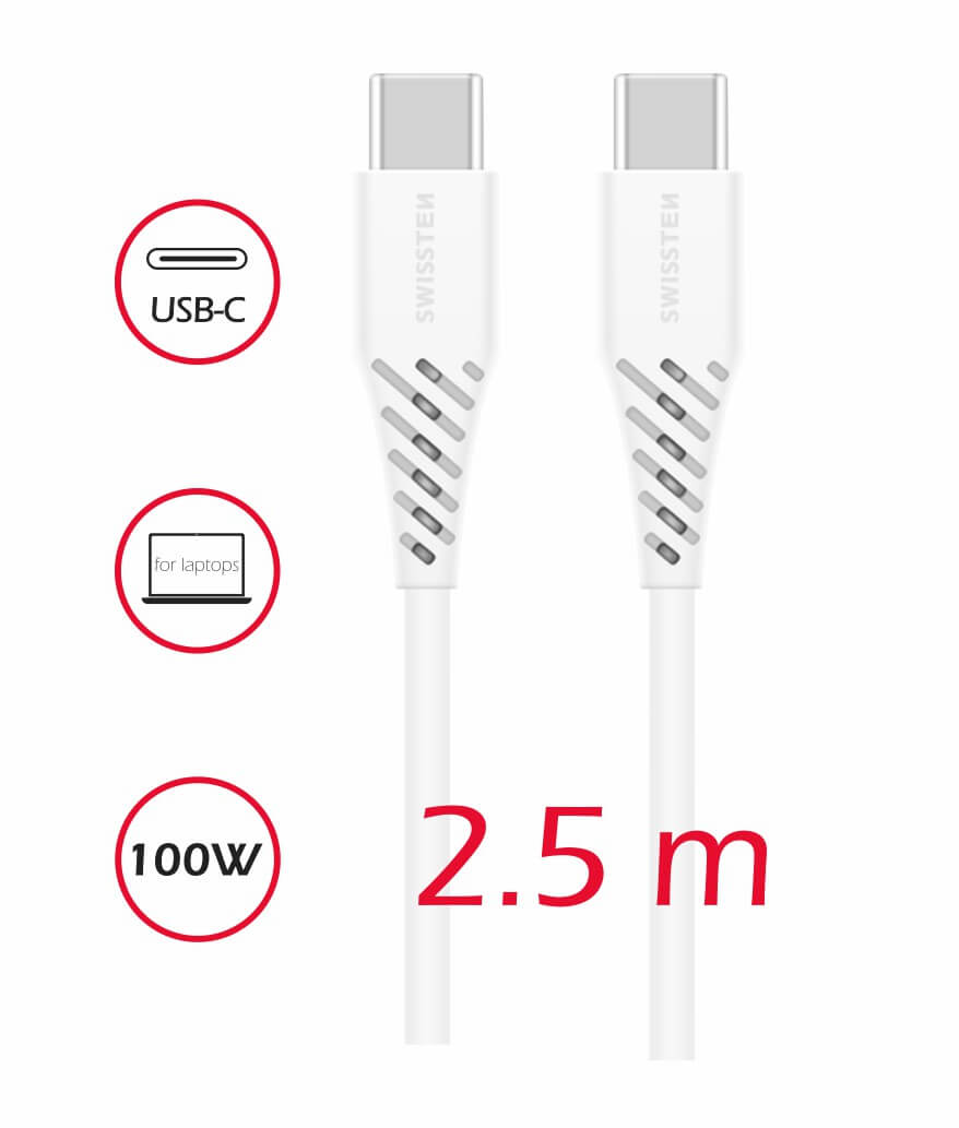 Dátový kábel SWISSTEN TPE USB-C/USB-C POWER DELIVERY 5A (100W) 2,5 m bielý